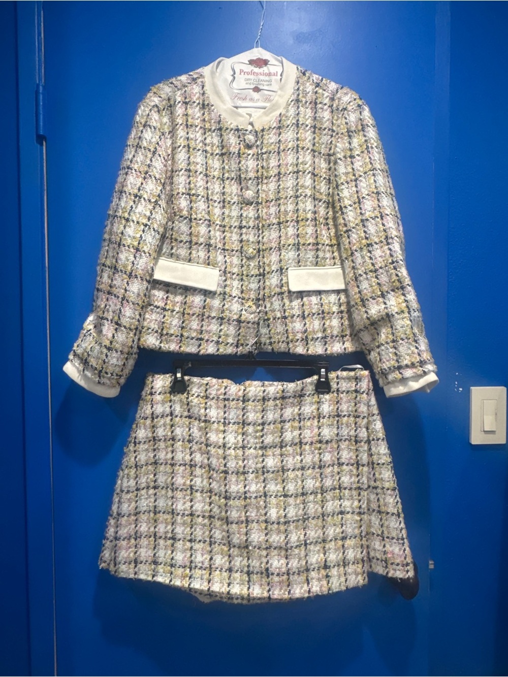 Avec Les Filles Pastel Tweed Suit with matching Skort Blue Pink Yellow accents